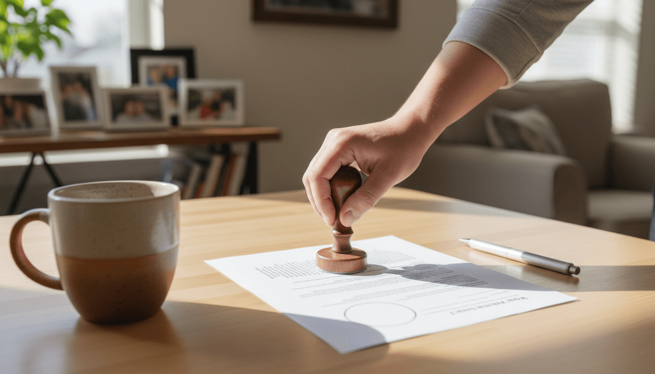 Notary stamp about to authenticate a document on a home kitchen table